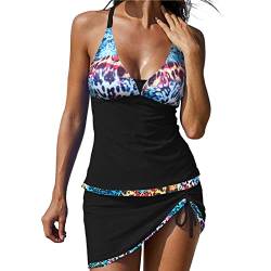 Tankini Damen Bauchweg Bedruckter Bademode Zweiteiler Badeanzug Push Up Swimsuit Beachwear Tankini Set mit Hot Pants Bikini Sportlich mit Rock 2-teilige Badebekleidung (Blue-B, XXL) von Generic