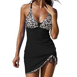 Tankini Damen Bauchweg Bedruckter Bademode Zweiteiler Badeanzug Push Up Swimsuit Beachwear Tankini Set mit Hot Pants Bikini Sportlich mit Rock 2-teilige Badebekleidung (W31-Black, M) von Generic