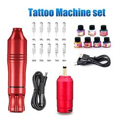 Tattoo Drahtlose Tattoo-Maschinen-Kits Tattoo-Stromversorgung Drehstift mit Patronen Nadeln und Tinte Permanent Makeup-Maschine (Color : Red Tattoo Kit) von Generic
