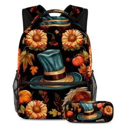 Thanksgiving-Hut Rucksack mit Federmäppchen, 2-teiliges Schultaschen-Set für Jungen, Mädchen, Teenager, Reisebuchtasche für Schüler, Mehrfarbig #06, B：29.4x20x40cm P：19x7.5x3.8cm, Daypack Rucksäcke von Generic