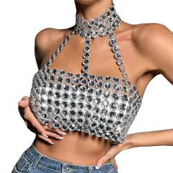 Top Damen Silbernes Pailletten Oberteil Glitzer Crop Top mit Metallischen Damen Trägerloses Pailletten Wrap Tank Top für Damen Party Clubwear Belly Dancer Silber von Generic