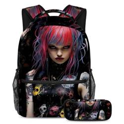 Totenkopf-Punk-Stil, müheloser Stil und Funktion, Rucksack mit Federmäppchen, Premium-Schulranzen-Set für Jungen, Mädchen, Teenager, Mehrfarbig Nr. 02, B：29.4x20x40cm P：19x7.5x3.8cm, Tagesrucksäcke von Generic