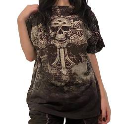 Totenkopf Shirts für Frauen Teenager Mädchen 2000er Jahre Y2k Shirt Tops Fairy Grunge Punk Goth Baggy Graphic Tees Halloween Kleidung (Dark Gray, S) von Generic