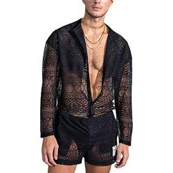 Transparent Spitze Hawaii Hemd Männer Sommer Kurzarm Blumenmuster Freizeithemd Shorts Set Unterhemd Erotik Netz Hemd Slim Fit Freizeithemd Unterhemd Langarm Shirt sexy Mesh Top Clubwear von Generic