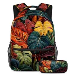 Tropische Pflanzen entfesseln Kreativität, Rucksack mit Federmäppchen für Jungen, Mädchen, Teenager, 2-teiliges Schulranzen-Set für Kinder, Mehrfarbig Nr. 03, B：29.4x20x40cm P：19x7.5x3.8cm, von Generic