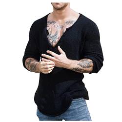 Tshirts Herren V-Ausschnitt Langarm Zerrissener Gestrickte Pullover Frühling Sommer Casual Loose Einfarbig Dünner Boden Shirts Outdoor Atmungsaktiv Leichtes Sport-Tops Laufshirt Strand Oberteile von Generic