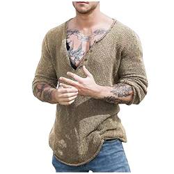 Tshirts Herren V-Ausschnitt Langarm Zerrissener Gestrickte Pullover Frühling Sommer Casual Loose Einfarbig Dünner Boden Shirts Outdoor Atmungsaktiv Leichtes Sport-Tops Laufshirt Strand Oberteile von Generic