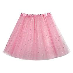 Tüllrock Damen Tutu 3 Lagig Tüll Rock 50er Tütü Dirndl Rockabilly Petticoat Unterrock Kurz Pailletten Glitzer Dance Dress Up Party Zubehör Tanzkleidung Ballettkleidung 80er Jahre (Pink, One Size) von Generic