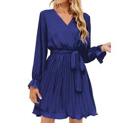 Tunika Kleid Damen Maxikleider Damen Sommer 52er Jahre Kleider Damen Einfarbig Lange Ärmel Gefaltet V-Ausschnitt Midikleid mit Gürtel Damenkleider (S, Blau) von Generic