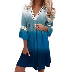 Tunika Kleid Damen Sommer Damen Tunika Kleid 3/4 Ärmel V Ausschnitt Fransen Blumendruck Boho-Damenkleid von Generic