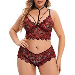 Übergröße 2-teiliges Dessous für Frauen Träger-BH und Panty Unterwäsche Sets Spitze Strumpfband Gürtel Höschen & Durchsichtige Strümpfe Dessous Set (03A-Wine, XL) von Generic