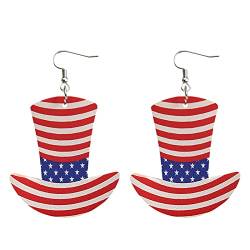 USA Amerikanische Flagge baumelnde Kappenform böhmische Ohrringe für Frauen patriotisch 4. Juli Unabhängigkeitstag Geschenk Stern Streifen PU Leder Vintage Ohrringe Chunky Hoop Ohrringe Set, D, Einheitsgröße von Generic