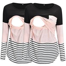 Umstands-Tanktop Damen Umstands-Langarm-T-Shirt mit Rundhalsausschnitt, gestreift, Bedruckt, Stilltops, zum Stillen, 2er-Pack Schwangerschaftsoberteil (Pink, XXL) von Generic