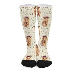 Unisex Lustige Crew Socken,Highland Floral Cow On Tan Mid Wade Kleid Socken Sport Socken Sportliche lange Tube Strümpfe für Männer Frauen von Generic