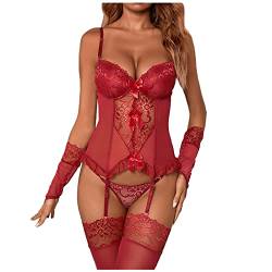 Unterwäsche Damen Dessous Sexy Set Lingerie Reizvolle Frauen Spitze V-Ausschnitt Body-Anzug Unterwäsche-Thong mit Strumpf-Unterwäsche Dessous Sexy Set Strapsen Dessous BH Und Slip von Generic