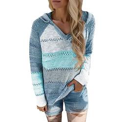 V-Ausschnitt Damen Hoodies Patchwork Langarm Gestrickt Farbblock Dicke Leichte Sweatshirts Trendige Hoodies für Frauen Trending Cute Hoodies Coole Hoodies Pullover Sweatshirts Tops, himmelblau, 54 von Generic