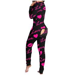 Valentinstag Einteiler Damen Mit Kapuze Und Po-Klappe Jumpsuit Damen Sexy Schlafanzug Herz Gedruckt Overall Damen Knopf V-Ausschnitt Langarm Festlich Damen Schlafanzug Einteiler von Generic