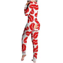 Valentinstag Pyjama Einteiler Damen Sexy Mit Kapuze Und Po-Klappe Jumpsuit Damen Sexy Lang Herz Gedruckt Nachthemden Für Damen Knopf V-Ausschnitt Langarm Lustig Schlafanzug Onesie Damen von Generic