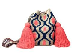 WAYUU Tasche Mochila für Frauen, Original Bolsa Tejida Colombiana authentisches Häkelmuster Fairtrade Geschenk aus Kolumbien, Blau, Rosa, Größe M, Medium von Generic