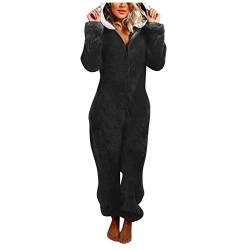 Warmer Fleece Overall Damen Kuschelig Jumpsuit Plüsch Schlafanzug Elegant Einteiler Onesie Langarm Einfarbig Pyjama Flauschig Lang Schlafoverall mit Kapuze & Reißverschluss Hausanzug Causal von Generic