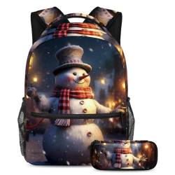 Weihnachtlicher Schneemann, trendiges Schulranzen-Set für Kinder, perfekter Rucksack mit Federmäppchen für Jungen, Mädchen, Teenager, 2-teilig, Mehrfarbig Nr. 06, B：29.4x20x40cm P：19x7.5x3.8cm, von Generic