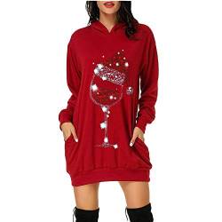 Weihnachtspullover Kleider Damen Rot Weinglas Lang Kapuzenpullover Weihnachten Pullover Sweatshirt Weihnachts Hoodie Lang Baumwolle Sweatkleid Weihnachtskleid Weihnachtspulli Christmas Sweater Frauen von Generic