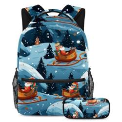 Weihnachtsschlitten entfesseln Kreativität, Rucksack mit Federmäppchen für Jungen, Mädchen, Teenager, 2-teiliges Schulranzen-Set für Kinder, Mehrfarbig Nr. 01, B：29.4x20x40cm P：19x7.5x3.8cm, von Generic