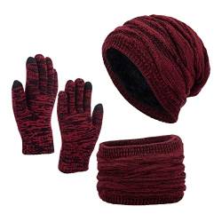 Winter Warme Mütze Herren Mütze Damen Wintermütze und Loop Schal Beanie Damen Mütze Jungen Thermo Strickmütze Beanie Herren mit Fleecefutter Unisex Erwachsener Winter Warme Set (03 Wein, One Size) von Generic