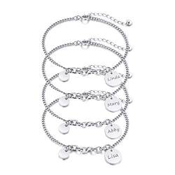 XUANPAI Set mit 3 Gliederarmbändern für Frauen, Kostenlose Gravur Verstellbare Freundschaftsarmbänder Personalisierte Runde Tag BFF Familienmanschette Edelstahlschmuck für Mädchen Schwester, Silber von Generic