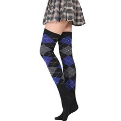 XuHangFF Oberschenkelhohe Socken, europäisch, Vintage, buntes Argyle-Karomuster, Overknee-Strümpfe für Mädchen, Frauen, Studenten, bl, 38 von Generic