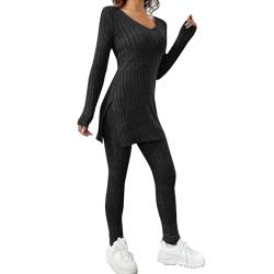 Zweiteiler Damen Langarm Strick Leggings Und T-Shirt Set Hosenanzug Strickanzug 2 Teiler Set Herbst Freizeitanzug Streatwear Trainingsanzüge von Generic