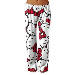 𝒉𝒆𝒍𝒍𝒐 𝒌𝒊𝒕𝒕𝒚𝒔 Schlafanzug Damen Hosen Lang Baumwolle Pyjama Kawaii Sommer Schlafanzug Schlafhose Weich Anime Kuschelhose Lustige Geschenke Rot S Pyjamahose von Generic