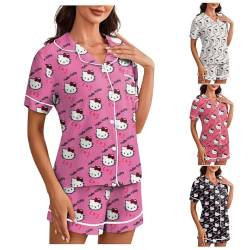 𝒉𝒆𝒍𝒍𝒐 𝒌𝒊𝒕𝒕𝒚𝒔 Schlafanzug Damen Kurz Set Spitze Kawaii Shorty Pyjama 2 Teiler Damen Sommer Satin Sexy Kariert Freizeitanzug Bequeme Weich Anime Schlafshorts Pijamas Pink M von Generic