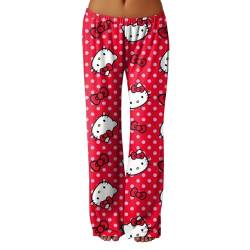 𝒉𝒆𝒍𝒍𝒐 𝒌𝒊𝒕𝒕𝒚𝒔 Schlafanzughose Damen Lang Hosen Baumwolle Pyjama Schlafhose Sommer Kawaii Pyjama Schlafanzug Bequeme Anime Weich Kuschelhose Lustige Geschenke Pink S Pyjamahose von Generic