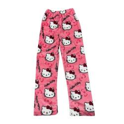 𝒉𝒆𝒍𝒍𝒐 𝒌𝒊𝒕𝒕𝒚𝒔 Schlafanzughose Damen Lang Hosen Flanell Pyjama Schlafanzug Baumwolle Warm Kawaii Schlafhose Pyjama Bequeme Weich Winter Kuschelhose Lustige Geschenke Pink M von Generic