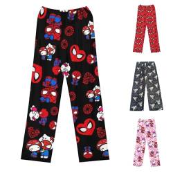 𝒉𝒆𝒍𝒍𝒐 𝒌𝒊𝒕𝒕𝒚𝒔 Schlafanzughose Damen Lang Hosen Flanell Pyjama Schlafhose Kawaii Baumwolle Warm Schlafanzug Pyjama Winter Anime Weich Kuschelhose Lustige Geschenke Schwarz L von Generic