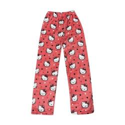 𝒉𝒆𝒍𝒍𝒐 𝒌𝒊𝒕𝒕𝒚𝒔 Schlafanzughose Damen Lang Hosen Flanell Pyjama Schlafhose Kawaii Warm Baumwolle Pyjama Schlafanzug Winter Bequeme Anime Kuschelhose Geschenke Für Frauen Pink XL von Generic