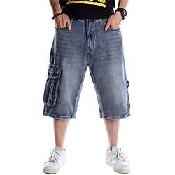 liangduming Herren Shorts Mit Cargotaschen Moto Loose Washed Fashion Kurze Hose Unter Dem Knie Baggy Hip Hop Jeans Mit Seitentaschen (44,Blau) von Generic