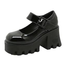 Damen Mary Jane Schuhe Retro Schnallenriemen Runde Zehe Plateauschuhe Mode Blockabsatz Gothic Japanischen Stil Lederschuhe für Cosplay von Generic7