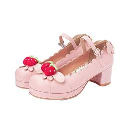Frauen Mary Jane Schuhe Süße Erdbeere Spitze Schnalle Lederschuhe Ultraleichte Mittlere Blockabsatz Anti-Rutsch-Plattform Lolita Schuhe für Cosplay von Generic7