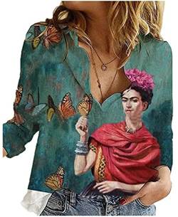 Frauen Frida Kahlo Ölgemälde Vintage Shirts Mode Atmungsaktive Roll Up Sleeve V-Ausschnitt Lose Casual Shirts Plus Size Bluse von GenericBrands