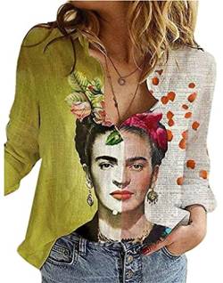 Frauen Frida Kahlo Ölgemälde Vintage Shirts Mode Atmungsaktive Roll Up Sleeve V-Ausschnitt Lose Casual Shirts Plus Size Bluse von GenericBrands