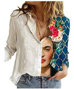 Frauen Frida Kahlo Ölgemälde Vintage Shirts Mode Atmungsaktive Roll Up Sleeve V-Ausschnitt Lose Casual Shirts Plus Size Bluse von GenericBrands