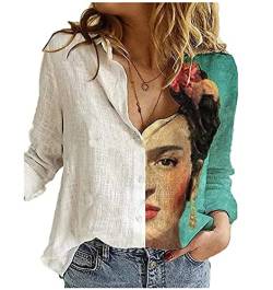 Frauen Frida Kahlo Ölgemälde Vintage Shirts Mode Atmungsaktive Roll Up Sleeve V-Ausschnitt Lose Casual Shirts Plus Size Bluse von GenericBrands