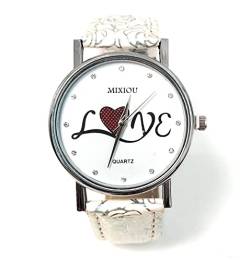 Genérico Damenuhr Love Quartz Analog mit weißem rundem Zifferblatt, lässiges Design, lustig und elegant, verstellbares Lederband., weiß, Streifen von Genérico