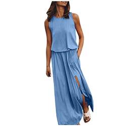 2024 AI – Sommerkleid für Damen, ärmellos, Rundhalsausschnitt, Maxi-Kleid, einfarbig, Kleid zum Öffnen der Gabel, große Marke, blau, XXL von Générique
