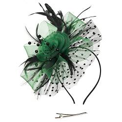 2024 Plan Hut für Damen Hochzeit Blume Cocktail Mesh Federn Haarspange Tea Party Stirnband Faux Strass (Army Green, One Size) von Générique