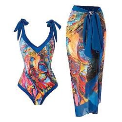 Damen Badeanzug mit Pareo, bedruckt, Strandkleid, Luxus-Bikini, Pfau blau, L von Générique