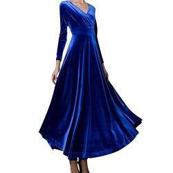 Générique 2024 New Plan- Samtkleid mit langen Ärmeln und V-Ausschnitt, für Damen, Strandkleid, Mädchen, blau, Small von Générique