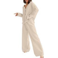 Générique Damen Mode einfarbig Baumwolle locker Hemd Langarm Pyjamas Zweiteiliges Set BH Verschluss vorne Spitze, kaki, 36 von Générique